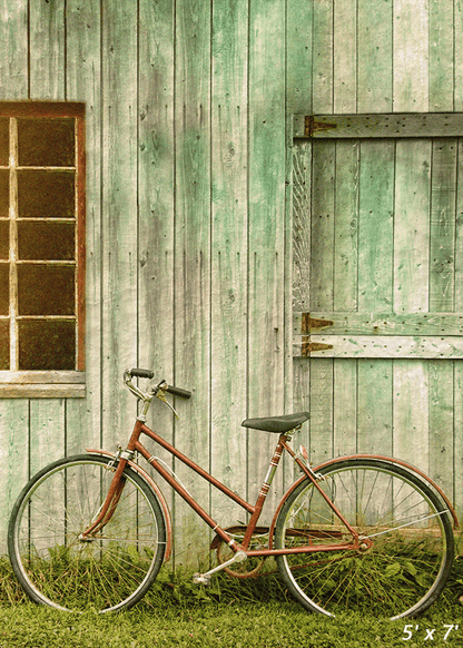 Bicycle Leaning Against Grungy Barn Backdrop for Photo SBH0644