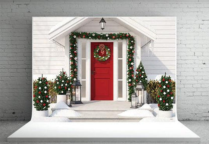 White Wooden House Christmas Backdrops