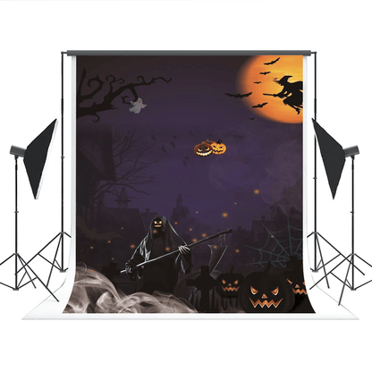 Ghost Gold Moon Witch Halloween Purple Photo Backdrop