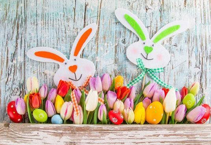 Cute Rabbit Colorful Eggs and Flowers Before Wood Wall Backdrop For Easter photography