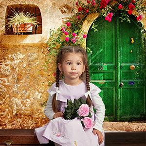 Beauty Flower Garden Door Photography Backdrop Tea Party Birthday Wedding Decoration Green Lawn Leaves Spring Wonderland Background