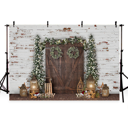 Christmas Trees Wreaths Wood Door Photography Backdrop SBH0287