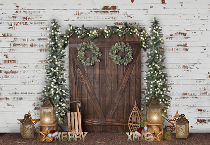 Christmas Trees Wreaths Wood Door Photography Backdrop SBH0287