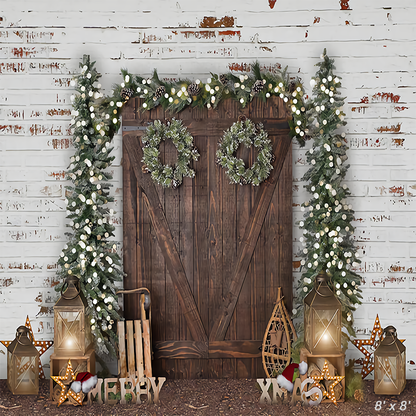 Christmas Trees Wreaths Wood Door Photography Backdrop SBH0287