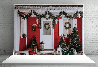 Red Wooden House Christmas Photography Prop Backdrops