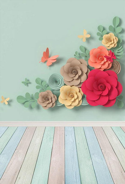 Mint Wall 3D Colorful Flowers Wood Floor Backdrop for Photography Prop