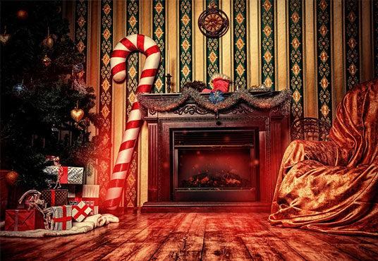 Vintage Wood Floor Fireplace Christmas Photo Backdrop