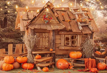 Pumpkin decoration Wooden House  Photography Backdrop for Thanksgiving