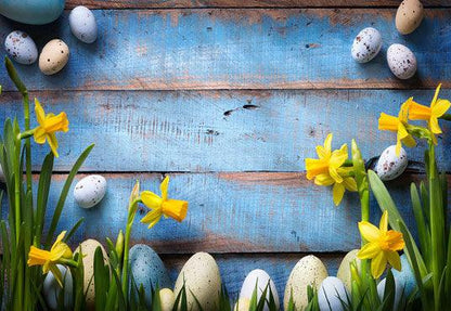 Blue Vintage Wood Easter Daffodil Backdrops for Party