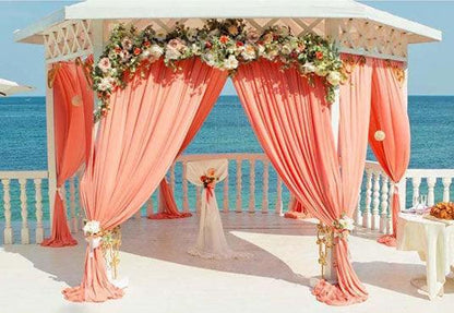 Beautiful Orange Curtain Pavilion Floral Decoration Backdrop for Seaside Wedding Ceremony Photography