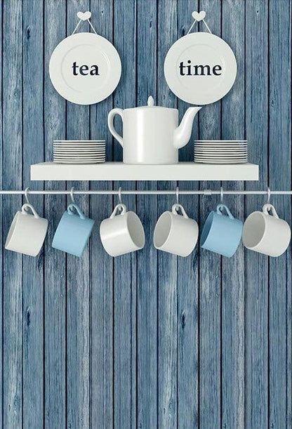 Blue Wood Wall With Cups Backdrop For Tea Time Photography