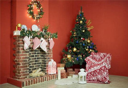 Red Christmas Brick Fireplace Photo Studio Backdrop