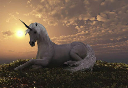 Sunset White Laying Unicorn Photo Backdrop Fable Fantasy Photography Background