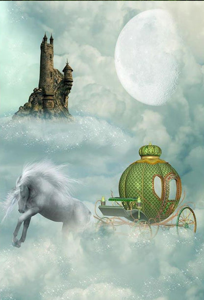 White Unicorn Green Pumpkin Backdrop Clouds Moon Castle Background