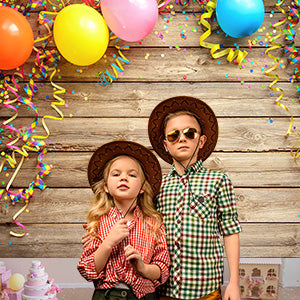 Colorful Balloon Streamers Wood Photography Backdrops  Photo Background for Happy Birthday Party