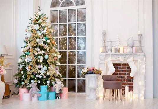 Buy White Fireplace Colorful Christmas Tree Wood Floor Backdrops for ...