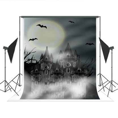 Bright Moon Black Castle Halloween Backdrop for Photo