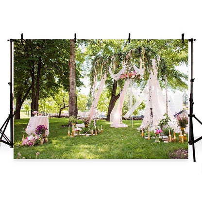 Wedding Green Grass and Leaves Flowing Lace Curtain with Flowers Backdrop for Photo Photography