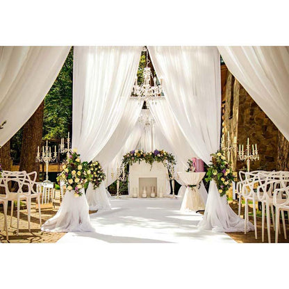 White Curtain Yellow Flowers Backdrop for Romantic Wedding Ceremony Photography