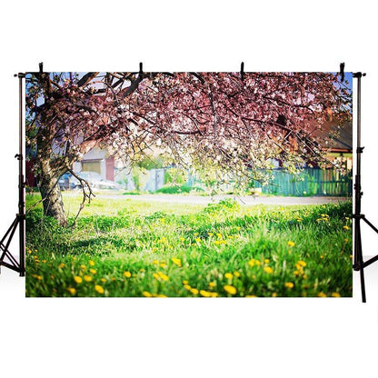 Pink Blooming Flowers Green Grass Floor Backdrops for Beautiful Spring Photography