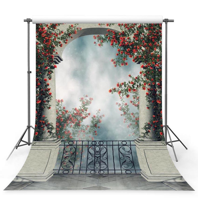 Buy Stone Door With Red Flowers Backdrop Wonderland Photography 