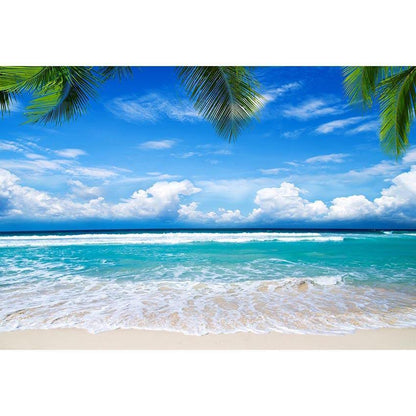 Blue Sky Ocean Coconut Leaves Backdrop Beautiful Seaside Scenery Background