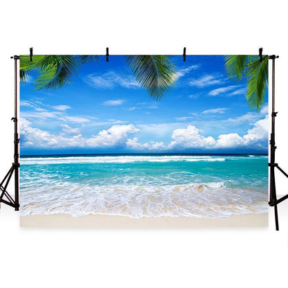 Blue Sky Ocean Coconut Leaves Backdrop Beautiful Seaside Scenery Background