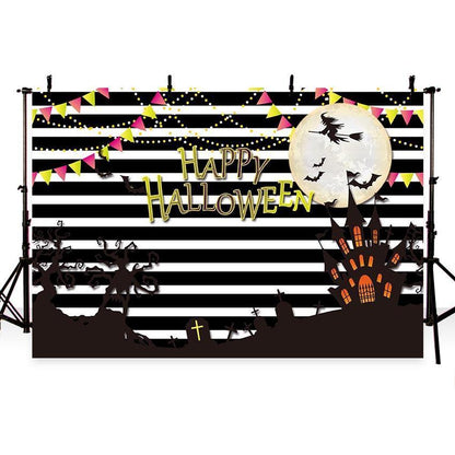 Halloween Dark Castle Bright Moon Backdrop White Black Strips Photography Background