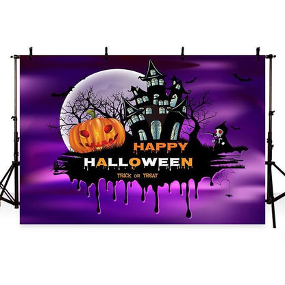 Purple Sky Night Castle With Pumpkin Backdrop for Halloween Party Photography