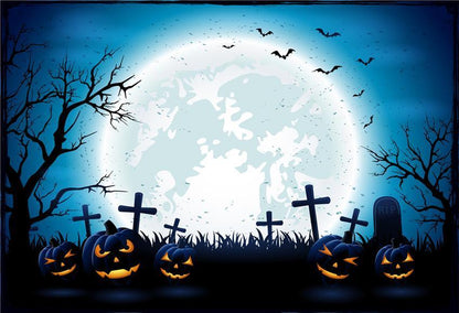 Blue Halloween Bright Moon Backdrop Pumpkin