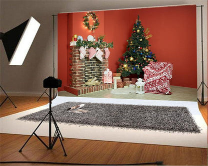 Red Christmas Brick Fireplace Photo Studio Backdrop