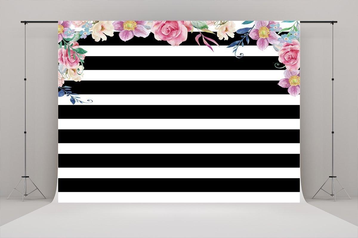 Buy White and Black Stripes Pink Flowers Fabric Backdrop for