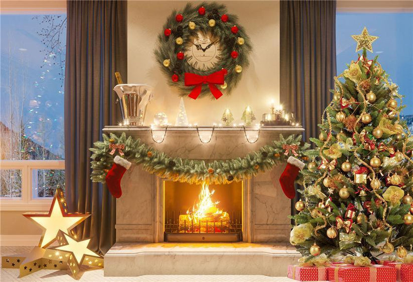 Buy Christmas Fireplace Gold Star Photography Backdrop Online ...