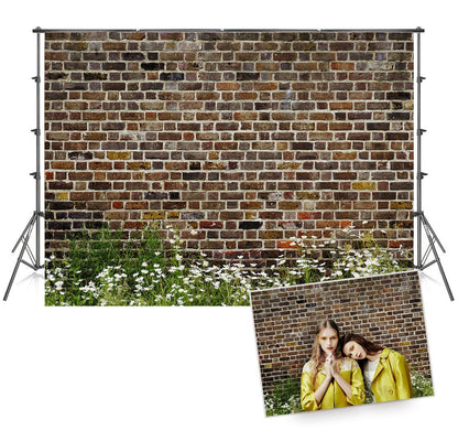 Vintage Brick Wall White Flowers Spring Backdrops for Photography