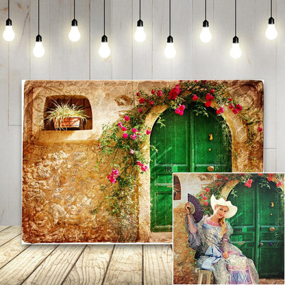 Beauty Flower Garden Door Photography Backdrop Tea Party Birthday Wedding Decoration Green Lawn Leaves Spring Wonderland Background