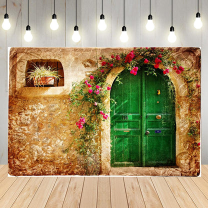 Beauty Flower Garden Door Photography Backdrop Tea Party Birthday Wedding Decoration Green Lawn Leaves Spring Wonderland Background