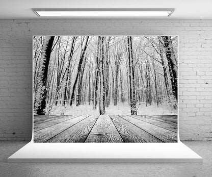 Winter White Snow Forest Photography Backdrop Wood Floor Background