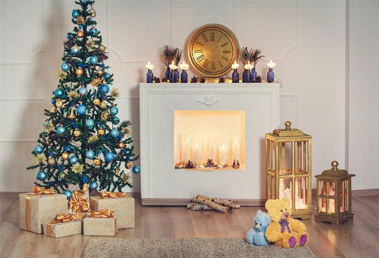 White Fireplace Christmas Blue Bell Backdrops