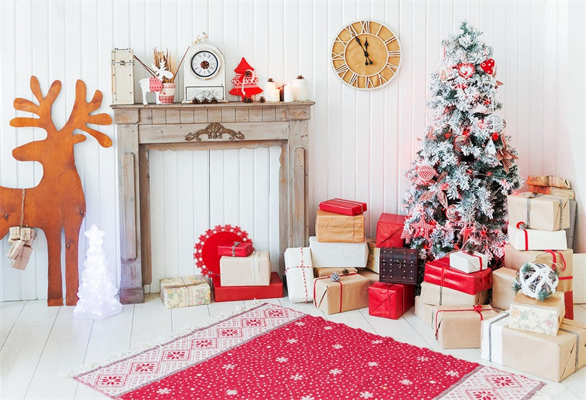 White Wood Wall Christmas Elk Photo Backdrops