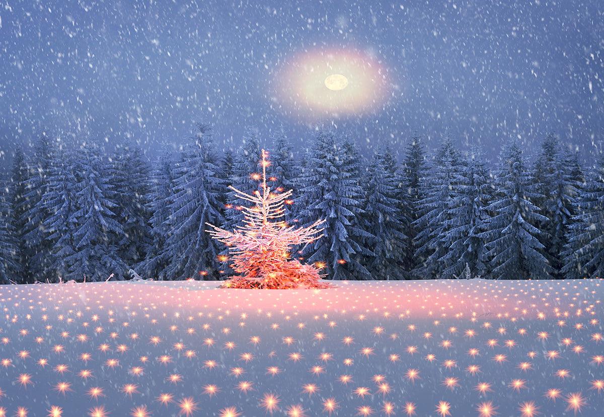 Christmas Light Snow Tree Photography Backdrop