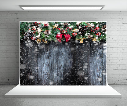 Christmas Dark Wood Wall Photo Backdrop Pine Branch