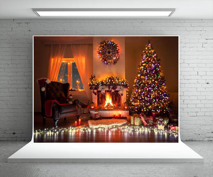 Christmas Tree Fireplace Photography Backdrop