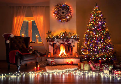 Christmas Tree Fireplace Photography Backdrop