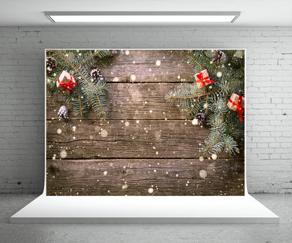 Pine Branch Wood Board Photography Backdrop for Christmas