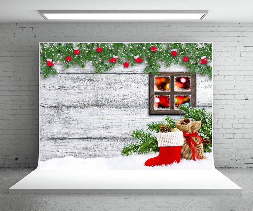 Buy Christmas Photography Backdrop Pine Branch Wood Wall Background ...