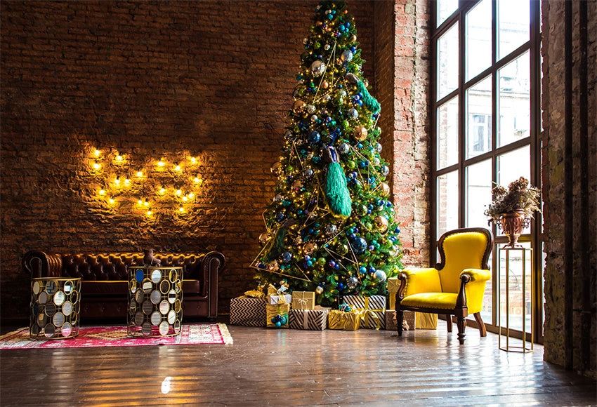 Brick Wall Big Christmas Tree Wood Floor Backdrop for Photography