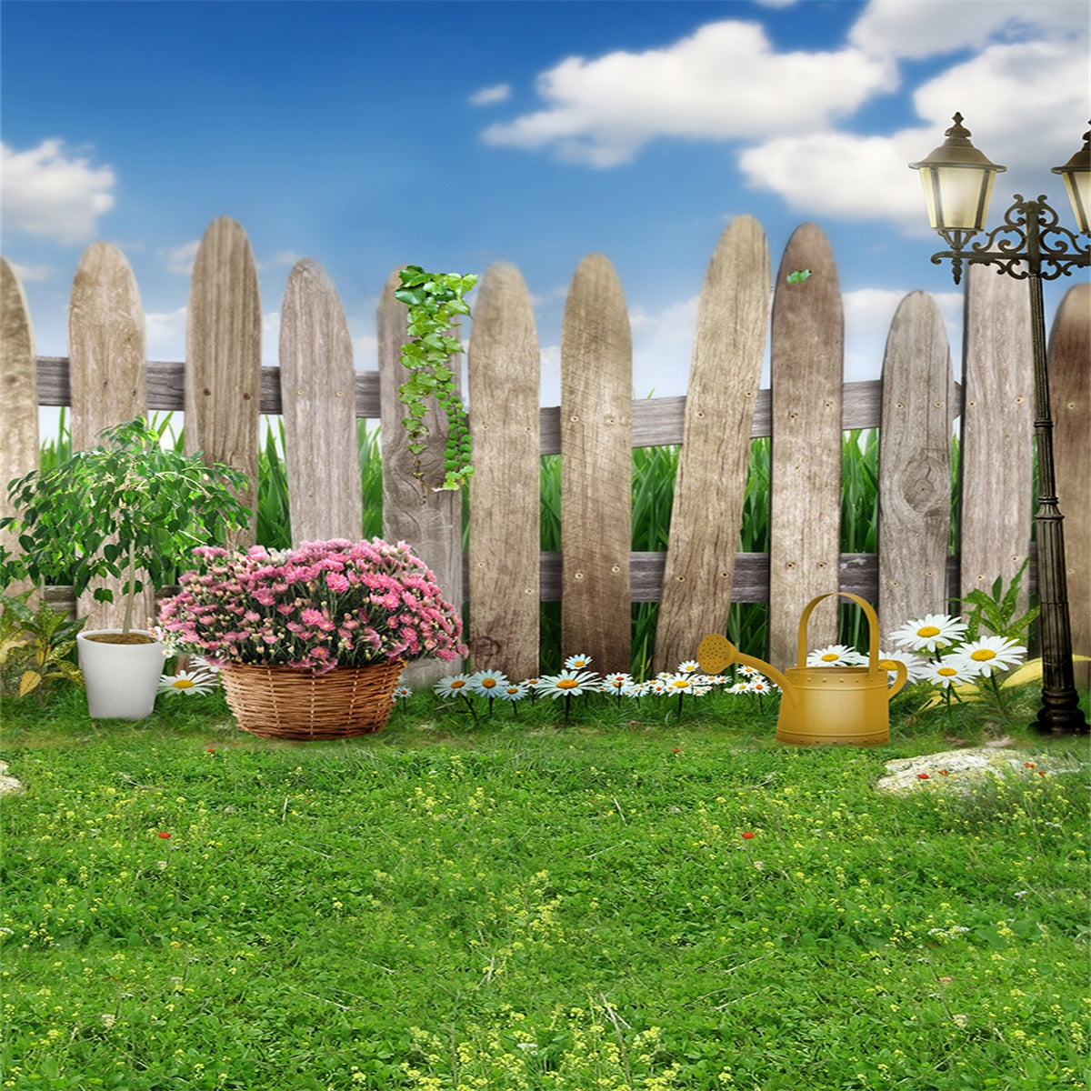 Spring Garden Grass Flowers Blue Sky Fence Backdrops – Starbackdrop