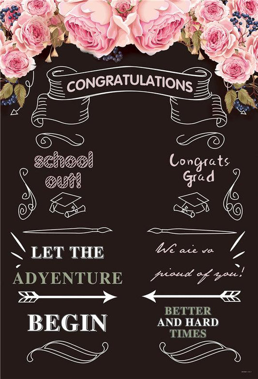 Pink Flower Blackboard Congratulations Graduation Backdrop for Prom