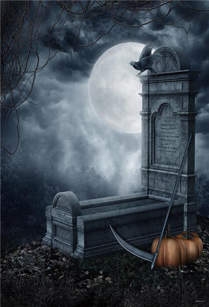 Cemetery Bright Moon Branches Halloween Backdrop