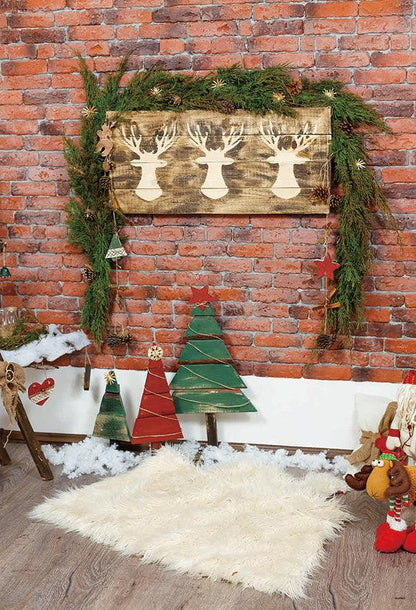 Brick Wall Wood Floor Christmas Backdrop for Photos